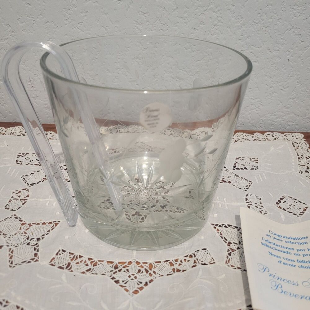 Vtg Princess House #522 Crystal Ice Bucket with Tongs in Box 5.5"H x 6"W